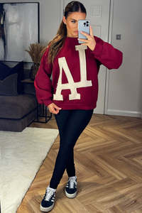Sweat-shirt col rond pour femme bordeaux, grande taille, avec appliqué lettre LA crème, manches lanternes, en mélange de coton - Product Image 4