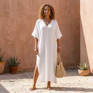 Robe kaftan en lin blanc pour femmes, col en V, manches courtes chauve-souris, imprimé floral, longueur genou, coupe classique - Product Image 3