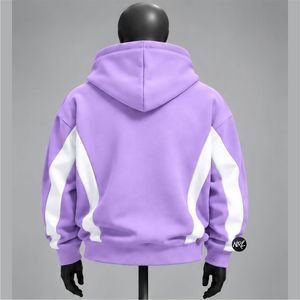 Custom <b>Mens</b> Oversized Purple Hooded <b>Sweatshirt</b> With <b>White</b> Side Stripes Casual Autumn Wear Regular Sleeve Knitted Fleece Material - Product Image 2