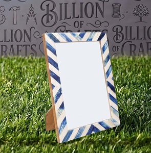 Handmade Wood Photo <b>Frame</b> Rectangular Blue <b>White</b> Stripe Inlay Tabletop Vertical Display - Product Image 1
