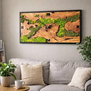 Olive Wood Moss Wall <b>Clock</b> Rectangular Handmade Wooden <b>Clock</b> Decor Luxury Wood & Moss Designer Wall <b>Clock</b> Eco-Friendly Green - Product Image 2