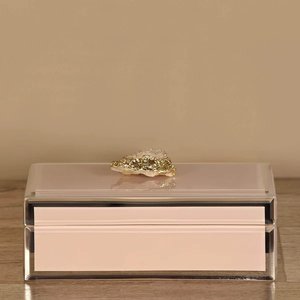 Blush <b>Pink</b> Glass Jewelry Storage Box with Natural Agate Handle Gold Accent Crystal Clear Edges Decorative Keepsake Organizer - Product Image 1