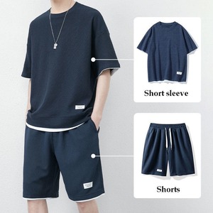 ชุดลำลองผู้ชายฤดูร้อนแบบใหม่ OEM สั่งทำได้ เสื้อยืดแขนสั้นสีพื้น กางเกงขาสั้นรัดเชือก ชุดออกกำลังกาย สตรีทแวร์ ชุดผู้ชาย 2 ชิ้น - Product Image 4