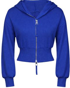 Womens Royal Blue <b>Cropped</b> <b>Zip</b> <b>Up</b> Hoodie Slim Fit Long Sleeve Casual Streetwear Cotton Fleece Sweatshirt Custom Logo ODM Factory - Product Image 1