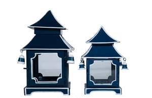 Faroles de metal pintados a mano al por mayor, estilo pagoda, color azul marino con línea blanca, elegantes portavelas para decoración del hogar. - Product Image 2