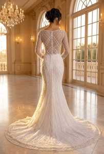 Robe de mariée moderne sans manches à col rond, ornée de perles et de broderies en cristal, avec jupe en satin drapé, taille naturelle, longueur ras du sol et traîne. - Product Image 4