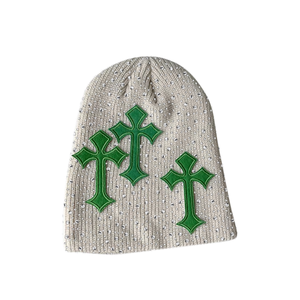 Green Cross Applique Beanie Hat Unisex Street Style Knit <b>Winter</b> <b>Cap</b> Casual Adult 56-58CM - Product Image 1