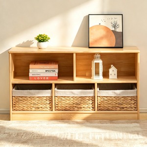 Wooden Storage <b>Shelf</b> Three-Layer Rectangle Standing Type For Living Room Minimalist Design With Wicker Baskets Lacquered Finish - Product Image 1