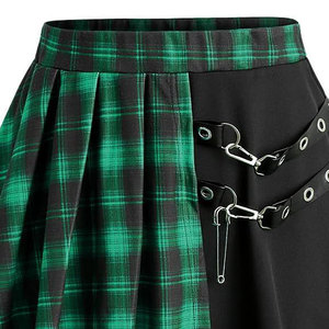 Wholesale Gothic Punk High Waisted Plus Size Plaid <b>Patchwork</b> Grommet PU Leather Asymmetrical Mini A-Line Pleated <b>Skirt</b> for Women - Product Image 4