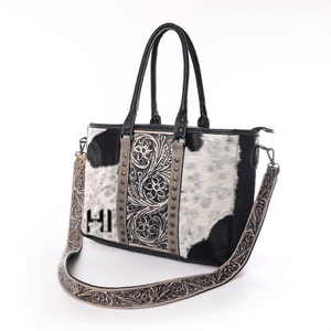 Sac fourre-tout en cuir de vachette western avec poils, sangle travaillée à la main - Product Image 4