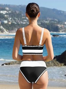 Women's Black White Floral Contrast Binding Tankini Set Scoop Neck <b>Crop</b> <b>Top</b> Skirt Two Piece Stretch High Waist Breathable - Product Image 2