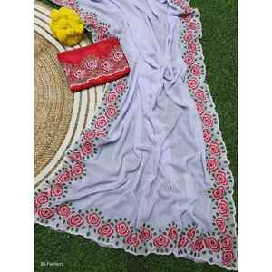 Atractivo Georgette Thread Sequence Stone Work Saree con blusa sin costuras Color lavanda - Product Image 1