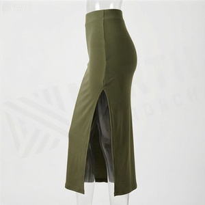 Jupe crayon côtelée vert olive pour femme, longueur genou, taille élastique avec fente latérale, à porter toute l'année - Product Image 3