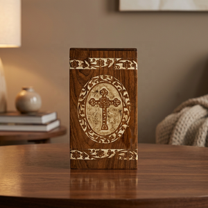 Engraved Cross Acacia Wood Cremation Urn <b>for</b> Human <b>Ashes</b> | American Style Funeral Memorial <b>Casket</b> Box Ready to Ship - Product Image 1