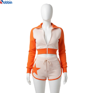 Conjuntos Deportivos Cortos de Verano Estilo Hip Hop para Mujer, 2 Piezas, Conjunto Deportivo con Bloques de Color, Top Corto de Manga Larga con Bolsillo y Pantalones Cortos - Product Image 3