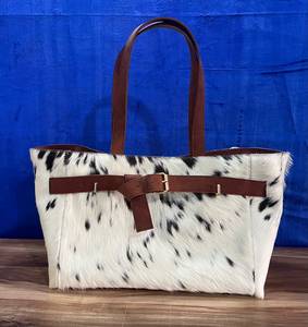 <b>Women's</b> Casual White Spotted Real Fur Tote <b>Bag</b> with Genuine Cowhide Leather <b>Belt</b> Western Style - Product Image 1