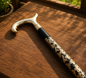 Canne de marche en bois noir sculpté à motifs floraux avec poignée en laiton, canne de gentleman vintage, canne décorative faite à la main, cadeau élégant - Product Image 2