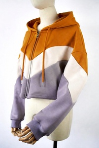 Sweat-shirt à capuche court pour femme, color-block, avec fermeture éclair, design asymétrique, décontracté, automne, manches longues - Product Image 5
