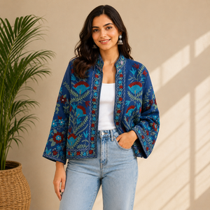 Chaqueta Acolchada de Algodón Bordada para Mujer, con Estampado Floral, Cuello Mao, Manga Farol, Estilo Boho Casual de Invierno, de Secado Rápido - Product Image 4