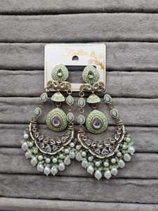 Lucentarts Jewel Green Meenakari Chandbali Jhumka <b>Earring</b> Pearl Beads <b>Dangle</b> <b>Earring</b> Traditional Indian Bridal Jewelry Wholesale - Product Image 5