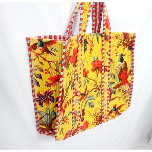 กระเป๋าช้อปปิ้งแบบเย็บลาย 100% ผ้าฝ้าย สีเหลือง ลายดอกไม้และนก ขนาดใหญ่พิเศษ หูหิ้วแบบเชือก เปิดด้านบน ใช้สำหรับใส่ของชำ เดินทาง ไปเที่ยวทะเล หรือเป็นของขวัญ - Product Image 4