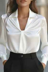 Blusa Elegante de Satén de Seda con Cuello en V y Drapeado, Top de Satén Azul Hielo de Manga Larga con Escote Cruzado, Camisa Profesional de Satén Brillante con Detalle Frontal Cruzado - Product Image 2