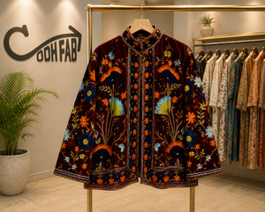 Veste matelassée pour femme en velours brodé 100% coton écologique, style bohème floral Suzani ethnique vintage, à manches longues et ouverte, idéale pour l'hiver - Product Image 4