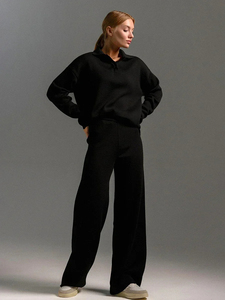 Conjunto de 2 Piezas Tejido para Mujer, Blanco, Manga Larga, Corte Holgado, Sudadera con Cuello Camisero y Pantalones Anchos, Estilo para Todas las Temporadas - Product Image 3