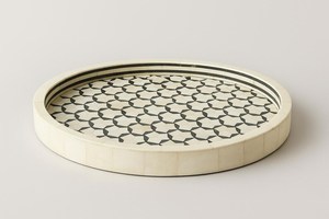 Handmade <b>Round</b> Bone Inlay Tray - <b>Black</b> & White Geometric Mosaic | Handmade Decorative Serving Tray | <b>Coffee</b> <b>Table</b> Tray - Bone - Product Image 4