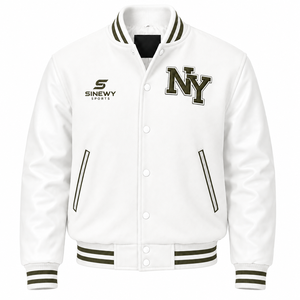 Veste de sport SINEWY pour homme, blanche, style varsity, en cuir véritable, avec lettres brodées NY sur le devant, col rabattu, style preppy, respirante - Product Image 1