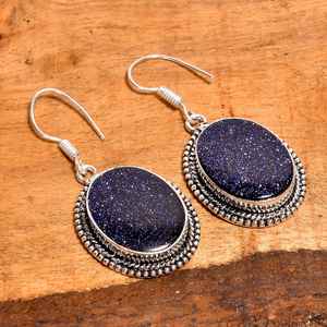 Boucles d'oreilles pendantes ovales en pierre d'or bleue, faites à la main en argent sterling, bijoux bohèmes en pierres précieuses, cadeau pour femme - Product Image 3
