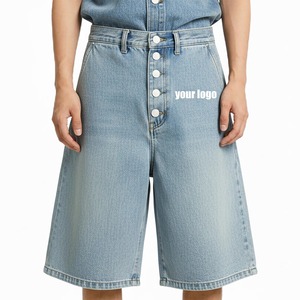 Pantalones Cortos Bermuda de Mezclilla Lavada de Cintura Alta para Hombre con Cierre de Botones, Estilo Casual, Estampado de Logotipo Frontal - Product Image 5
