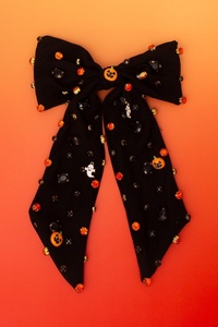 Pince à cheveux en tissu orange Halloween avec broderie fantôme, accessoire de fête mignon et effrayant pour filles et femmes, fait main, en carton - Product Image 4