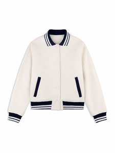 Veste universitaire unisexe crème avec bordure marine, coupe classique, en polyester tricoté, style preppy, pour l'automne - Product Image 1