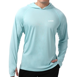 Chemise de performance à manches longues à capuche bleu clair pour homme, respirante, couleur unie, logo sur le devant, pull-over, vêtements d'extérieur pour l'été - Product Image 4