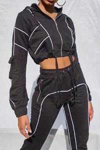 Women's Tracksuit Set Cotton French Terry Streetwear Patch Embroidery <b>Zip</b> <b>Up</b> Crop Top Hoodies And Joggers Set - Product Image 2