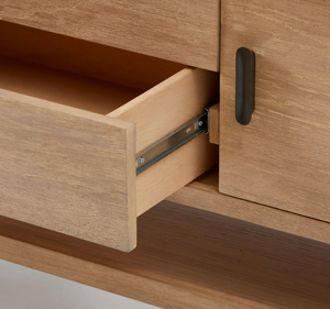 Buffet moderne en teck massif avec porte coulissante et tiroirs centraux, style scandinave minimaliste, rangement en bois - Product Image 5