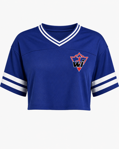 เสื้อเบสบอลครอปสีน้ำเงินคุณภาพสูงสำหรับผู้หญิง แบบสั่งทำพิเศษ แขนสั้น ระบายอากาศได้ดี เหมาะสำหรับทีมกีฬา - Product Image 2