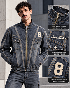 Chaqueta vaquera de patchwork para hombre Sam Tactical, bordada, estilo streetwear, tipo camionero, precio mayorista, OEM, precio económico 2026 - Product Image 5