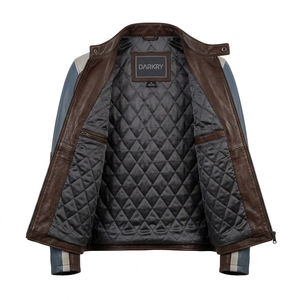 <b>Mens</b> <b>Brown</b> <b>Leather</b> <b>Jacket</b> Custom Blue Panel Tricolor Biker Riding Coat Real Cowhide Streetwear Outerwear Wholesale Factory - Product Image 5