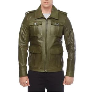 Veste en cuir verte pour homme avec fermeture éclair, col rabattable, épaulettes, style workwear, coupe classique, pour l'automne - Product Image 3