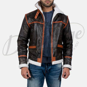 Veste en cuir véritable noir pour homme, doublée de fourrure de mouton véritable, style aviateur, pour l'hiver, avec col en fourrure - Product Image 1