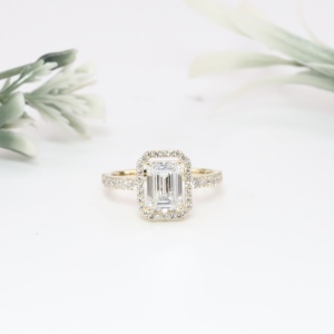 Yellow Gold Emerald Cut <b>Simulated</b> <b>Diamond</b> Alternative Bridal Ring Classic Halo Pave Eternity Wedding Band Fine Jewelry Women - Product Image 1