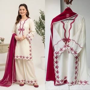 Conjunto de Kurta y Palazzo Maxi de Rayón Bordado con Manga 3/4 para Mujer, con Dupatta, para Fiesta, Boda, Festival, Cintura Natural, Cuello en V - Product Image 3
