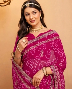 Sari de Georgette Bandhani Reversible Bordado de Secado Rápido y Sin Arrugas para Mujer KV (Rosa Dorado) para Bodas y Fiestas de Otoño - Product Image 1