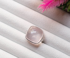 Cushion-Cut Rose Quartz <b>Statement</b> Cabochon <b>Ring</b> in 925 <b>Silver</b> Minimalist Beautiful For Daily Wear - Product Image 1
