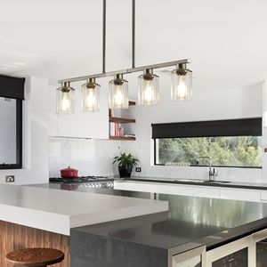 Lampadario a sospensione contemporaneo da 37 pollici per isola cucina, 5 luci, nichel spazzolato, paralumi in vetro trasparente, per sala da pranzo e stile rustico - Product Image 2