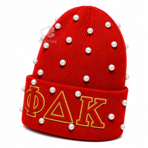 Bonnet en tricot pour femme NSPDK Sorority, orné de perles rouges, broderie chenille avec lettres grecques, chapeau d'hiver décontracté - Product Image 3