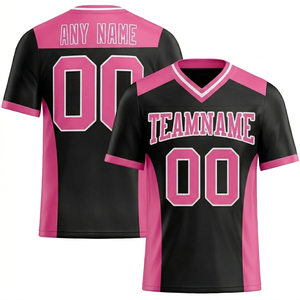 Maillot de football personnalisé noir et rose, col en V, sublimé, anti-transpiration, unisexe, pour adultes, par Rexfit - Product Image 1