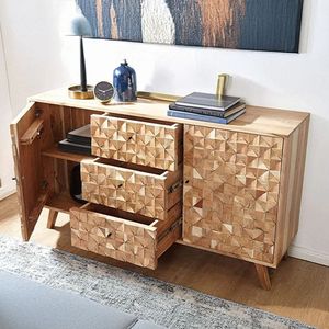 Buffet moderne en bois avec portes géométriques, console de rangement pour salon et salle à manger - Product Image 2